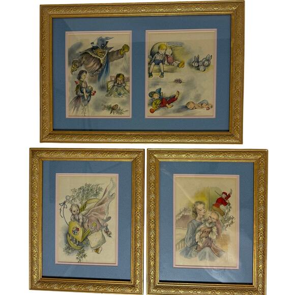 MCM Baby Angel Prints Gold Frame Set 3 Vintage Nursery Wall Art Decor - Picture 1 of 11